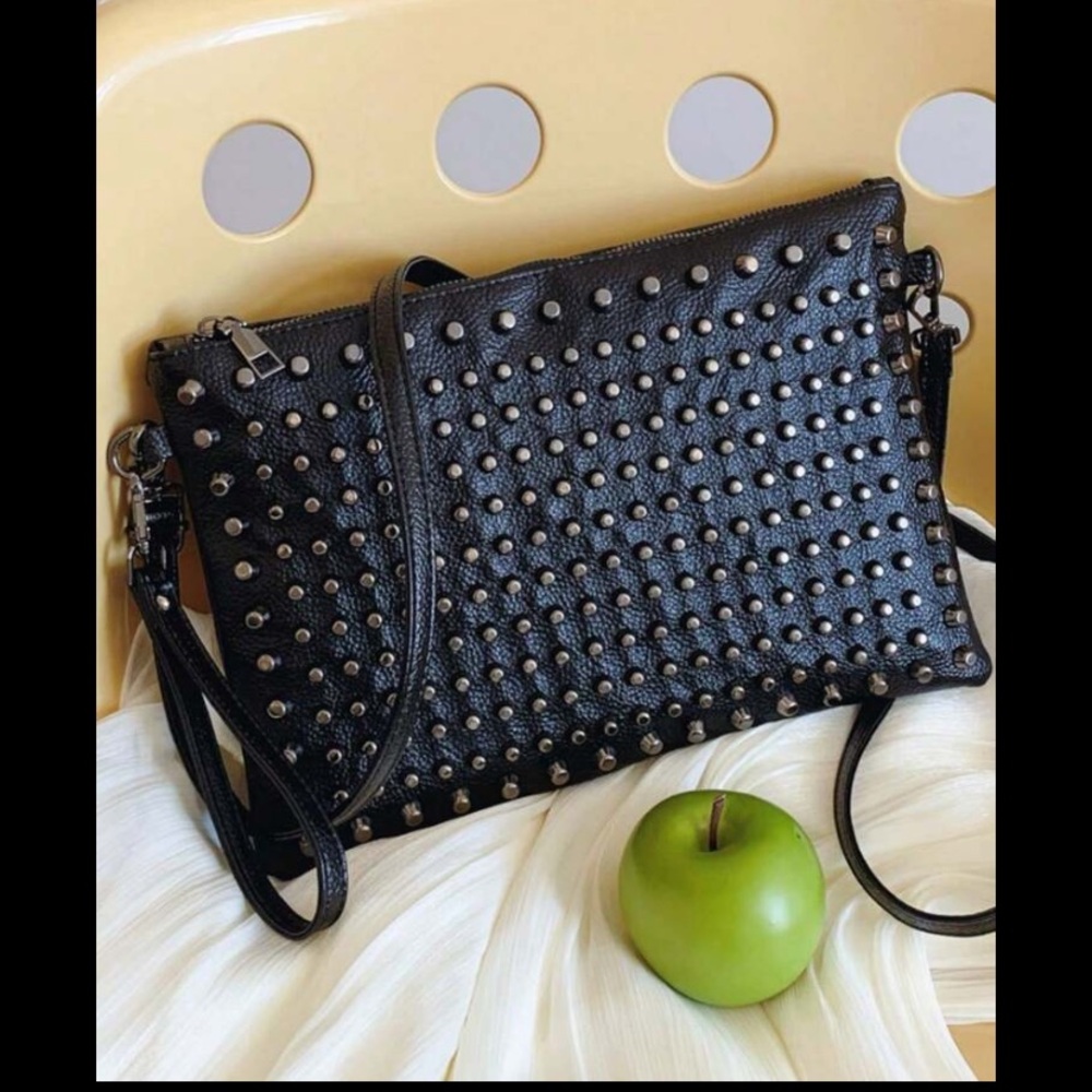 New Faux Leather Black & Pewter Studded Y2K Handbag Shoulder Bag Purse